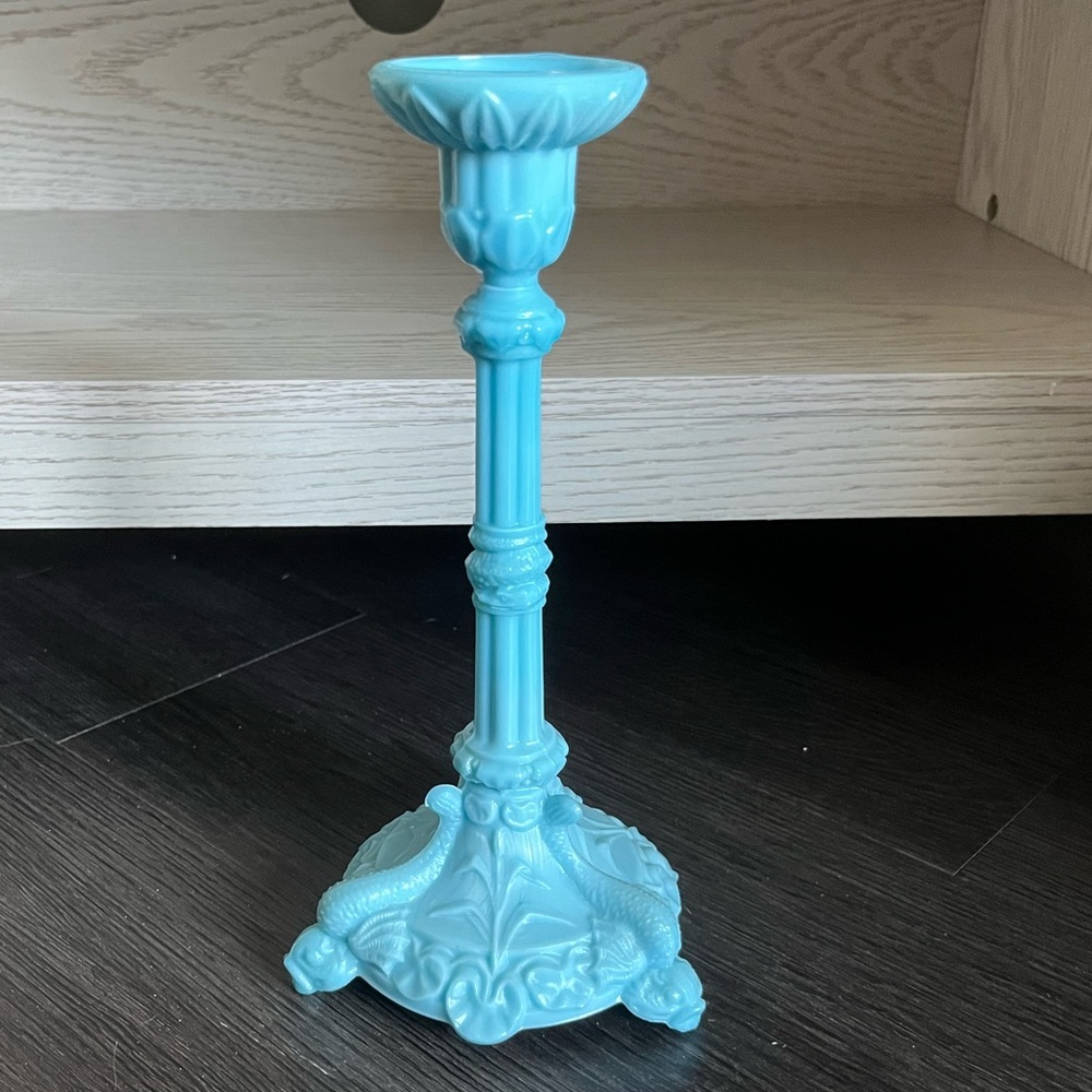 Antique Portieux French Blue Mill Glass Pillar Serpent and Koi Fish Candlestick